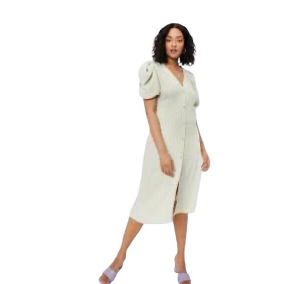 Nasty Gal Plus Size 16 Midi Dress V-neck Button Down Puff Sleeve Sage Green NWT - Picture 1 of 15